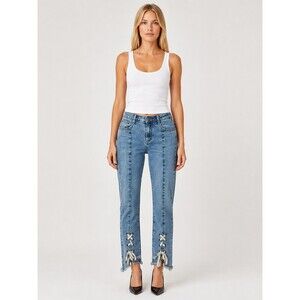 AZI New York Lace Up Hem Jean Women Size 2 Light Wash Denim Raw Edge Pintuck